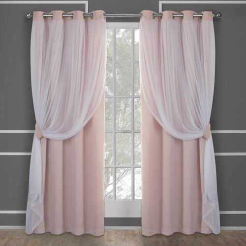 Double Layer Indoor Curtains, Sheer and Room Darkening Blackout, Grommet Top, Energy Efficient, 2-Pack Set, 52"x84", Rose Blush