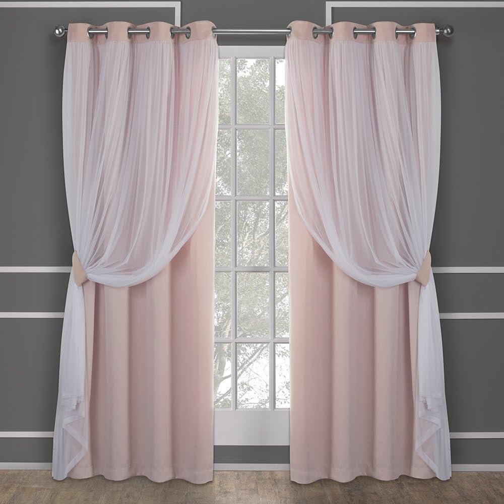 Double Layer Indoor Curtains, Sheer and Room Darkening Blackout, Grommet Top, Energy Efficient, 2-Pack Set, 52"x84", Rose Blush