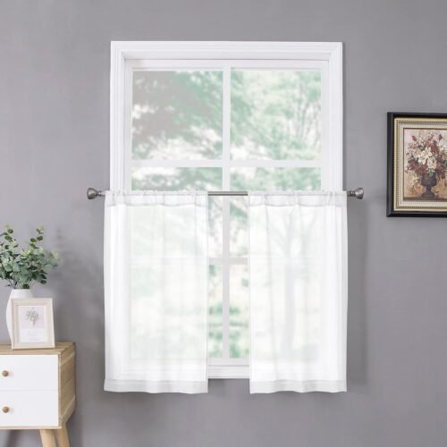 Sheer Tier Curtain Linen Textured Half Kitchen Curtains Sheer Light Filtering Rod Pocket Voile Small Curtains for Bathroom, 25 x 36 inches Long, White, Set of 2 Panels