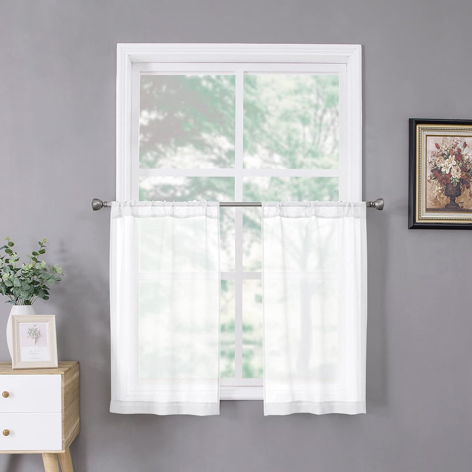 Sheer Tier Curtain Linen Textured Half Kitchen Curtains Sheer Light Filtering Rod Pocket Voile Small Curtains for Bathroom, 25 x 36 inches Long, White, Set of 2 Panels