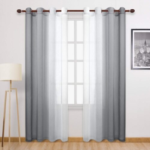 Grey Faux Linen Ombre Sheer Curtains - Semi Voile Gradient Grommet Top Curtains for Bedroom and Living Room, Set of 2 Window Curtain Panels, 52 x 84 Inches Long