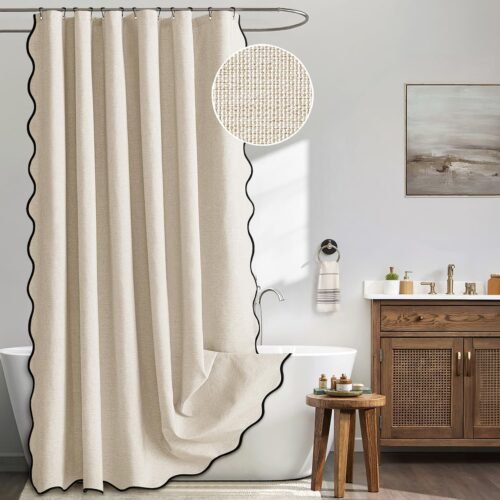 72"x84" Extra Long Scalloped Linen Shower Curtain Cream Beige | Linen Textured, Waterproof, Washable, 12 Metal Hooks, Heavy Duty Cloth, Black Border, Shower Curtain for Bathroom Bathtub