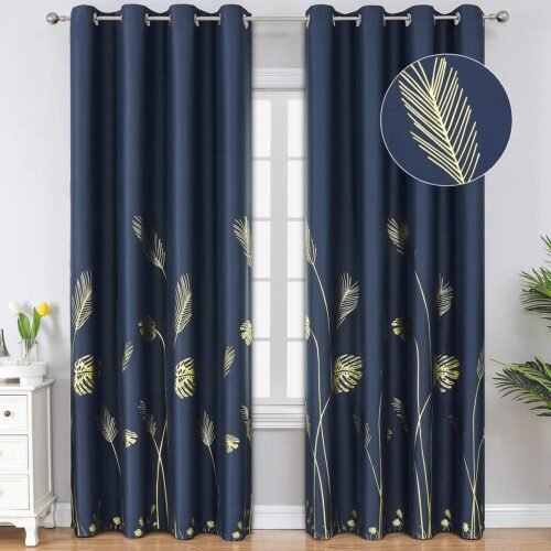 Navy Blue Blackout Curtains for Living Room 84 Inch Length 2 Panels Set, Gold Palm Leaves Printed Window Drapes, Energy Saving Curtains for Bedroom, 52Wx84L