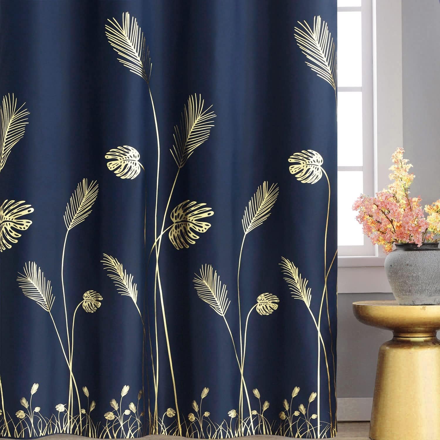 Navy Blue Blackout Curtains for Living Room 84 Inch Length 2 Panels Set, Gold Palm Leaves Printed Window Drapes, Energy Saving Curtains for Bedroom, 52Wx84L - Image 2