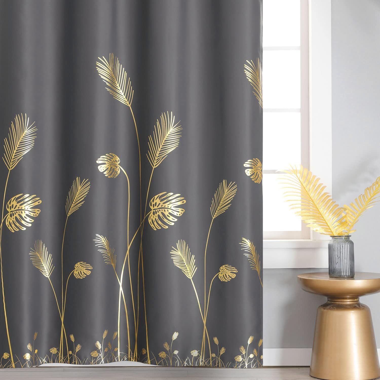 Dark Grey Blackout Curtains & Drapes 84 Inch Length 2 Panels Set for Living Room, Thermal Insulated Room Darkening Gold Palm Leaf Pattern Grommet Drapes for Bedroom, 52Wx84L,Dark Gray - Image 2