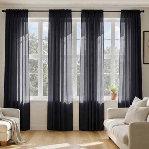 Black Sheer Curtains 84 Inches Long 4 Panels 42 x 84 Inches | Light Filtering, Rod Pocket, Voile Drapes, Living Room, Bedroom, Window Treatments