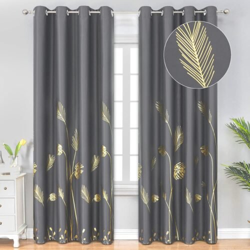 Dark Grey Blackout Curtains & Drapes 84 Inch Length 2 Panels Set for Living Room, Thermal Insulated Room Darkening Gold Palm Leaf Pattern Grommet Drapes for Bedroom, 52Wx84L,Dark Gray