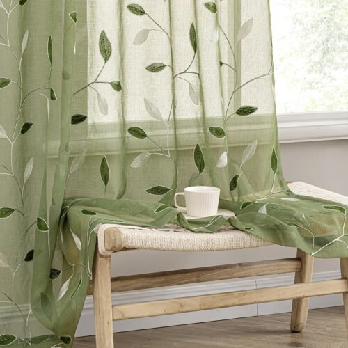 Sage Green Sheer Curtains 2 Panels Leaf Patterned, W52 x L84 | Embroidered Floral Semi Sheer,Rod Pocket,Faux Linen,Short Window Curtains Drapes Set for Kitchen/Bathroom/Cafe