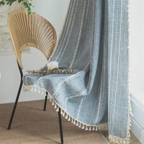 Denim Blue Boho Curtains 84 Inches Long for Bedroom&Living Room,Bohemian Light Filtering French Country Linen Farmhouse Vintage Chic Tassels Hollow Window Treatment Drape, 1 Panel 52" W