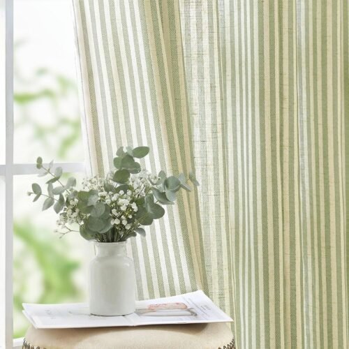 Linen Curtains 84 Inch Sage Green Stripe on Beige Grommet 2 Panels | Curtains for Living Room Bedroom,Ticking Stripe Pattern,Farmhouse Cottage Core Rustic, Window Treatment,Light Filtering