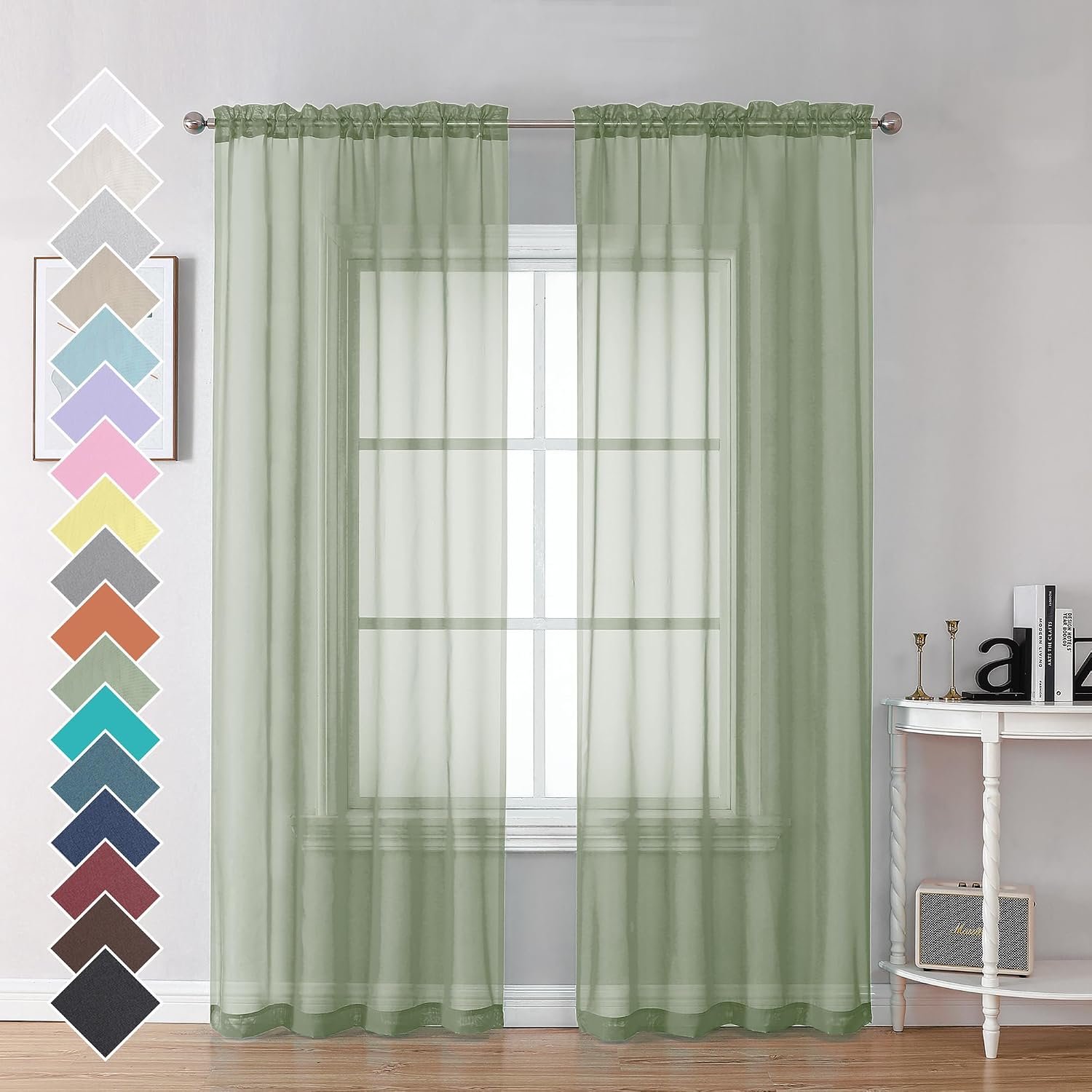 Bedroom Curtains 2 Panel Sets 84" Inch Length - Transparent Light Weight Soft Window Treatment Panels for Study Room/Living Room/Guest Room, Sage Green, Per Panel W42 X L84 inches - Image 2