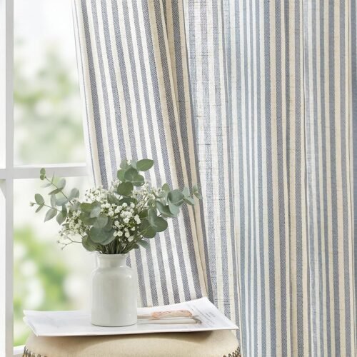 jinchan Linen Curtains 84 Inch Blue Stripe on Beige Grommet 2 Panels | Curtains for Living Room Bedroom,Ticking Stripe Pattern,Farmhouse Cottage Core Rustic, Window Treatment,Light Filtering