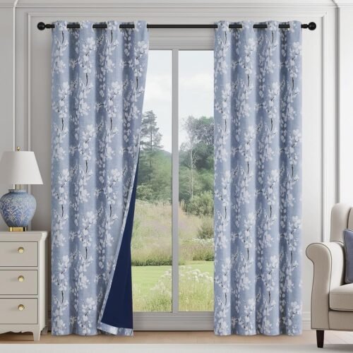 Blue Blackout Floral Curtains for Bedroom, 84 Inches, 2 Panels | 100% Black Out Drapes, Blossom Patterned, Thermal Insulated, Cottage Farmhouse, for Living Room, Grommet Top, White on Blue
