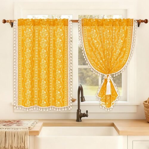 Boho Kitchen Curtains 36 Inch Length Vintage Linen Cafe Curtains Light Filtering Bohemian Floral Tier Rod Pocket Farmhouse Rustic Tassel Small Drapes with Tiebacks, 2 Panels, Yellow