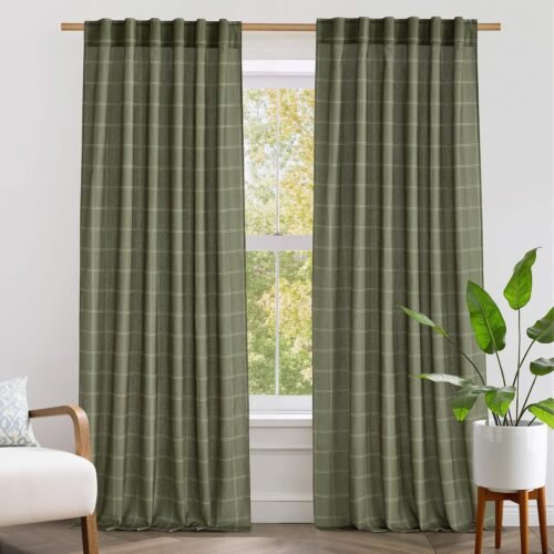 Linen Plaid Curtains Gingham Window Panels Moss Green Check Tartan Light Filtering Curtains for Living Room Bedroom, Rod Pocket Back Tab, 2 Panels, 52 inch Wide x 84 inch Long