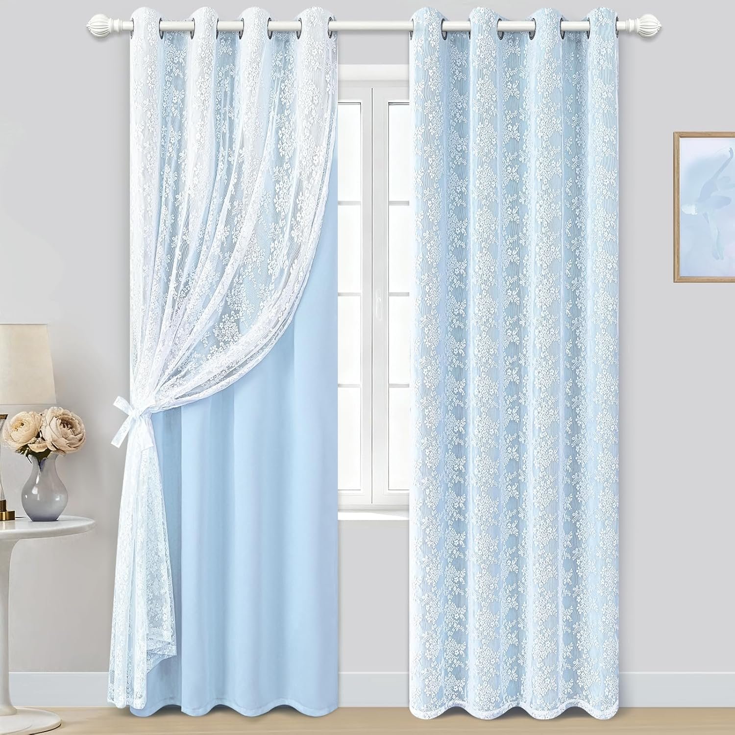 Blue Curtains for Living Room Blackout Curtains for Bedroom 84 Inches Long Double Layer Curtain with Tiebacks, Thermal Insulation Grommet Drapes for Nursery Dining Room, 52" W x 84" L
