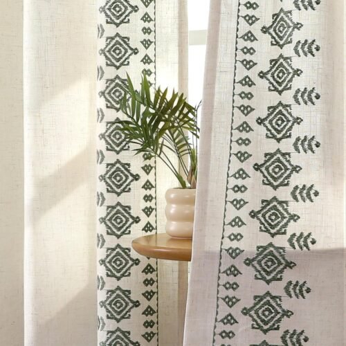 Olive Green Embroidered Curtains 84 Inch Long 2 Panel Set, Boho Patterned Linen Drapes for Living Room Bedroom, Light Filtering Cottage Curtain with Back Tab Rod Pocket (84" L x 50" W)