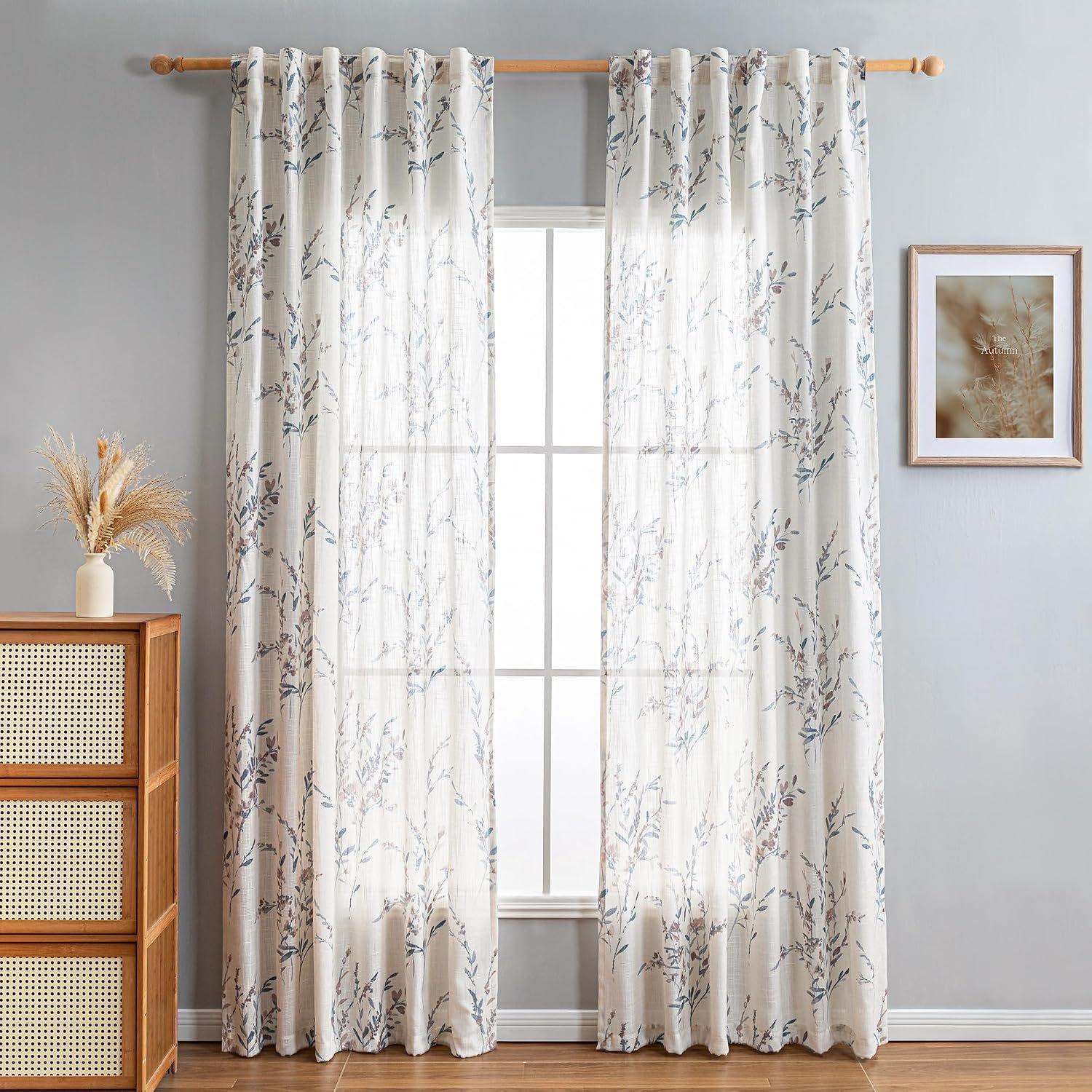 84-Inch Sheer Curtains (Set of 2) – Linen-Blend Farmhouse Style Drapes for Living Room & Bedroom – Light-Filtering & Privacy-Enhancing – Floral Print – Classic Home Decor - Image 2