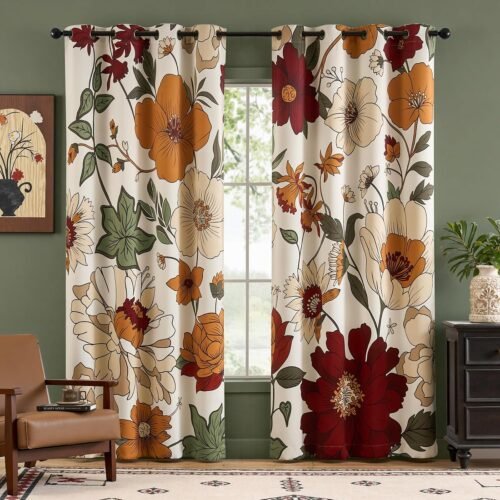 Floral Curtains for Bedroom Living Room Faux Linen Vintage Blackout Curtains 84 Inches Long Room Darkening Drapes Grommet Flower Patterned Window Treatments Set of 2 Panels, 52" x 84", Beige