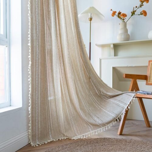 Boho Curtain for Bedroom Living Room 84 Inches Length, Light Filtering French Country Farmhouse Vintage Chic Tassels Hollow Window Treatment Bohemian Drape, 1 Panel 52" W x 84" L Natural