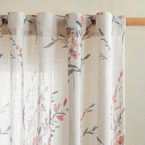 Floral Sheer Curtains for Living Room 84 Inches Long Light Filtering Window Treatment Sets Bedroom Dining Room Leaf Printed Vintage Farmhouse Curtains & Drapes, Coral, 52"x84",2 Panels