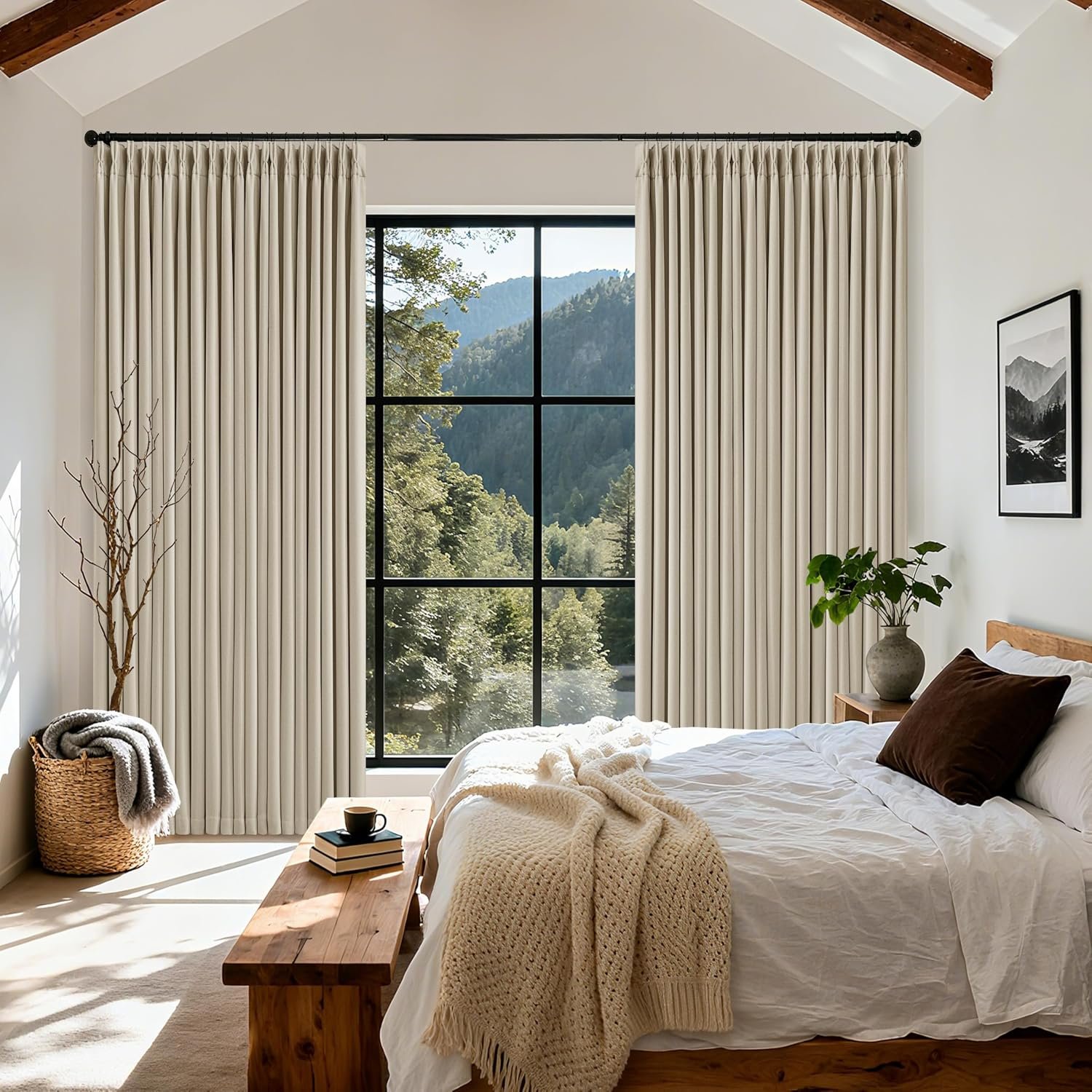 Oatmeal Extra Wide 100% Black Out 102 Inch Curtains for Bedroom Living Room | Pinch Pleated with Back Tab, Thick Linen with Liner, Thermal Insulated Blackout Soundproof for Large Window, W70xL102 1 Panel