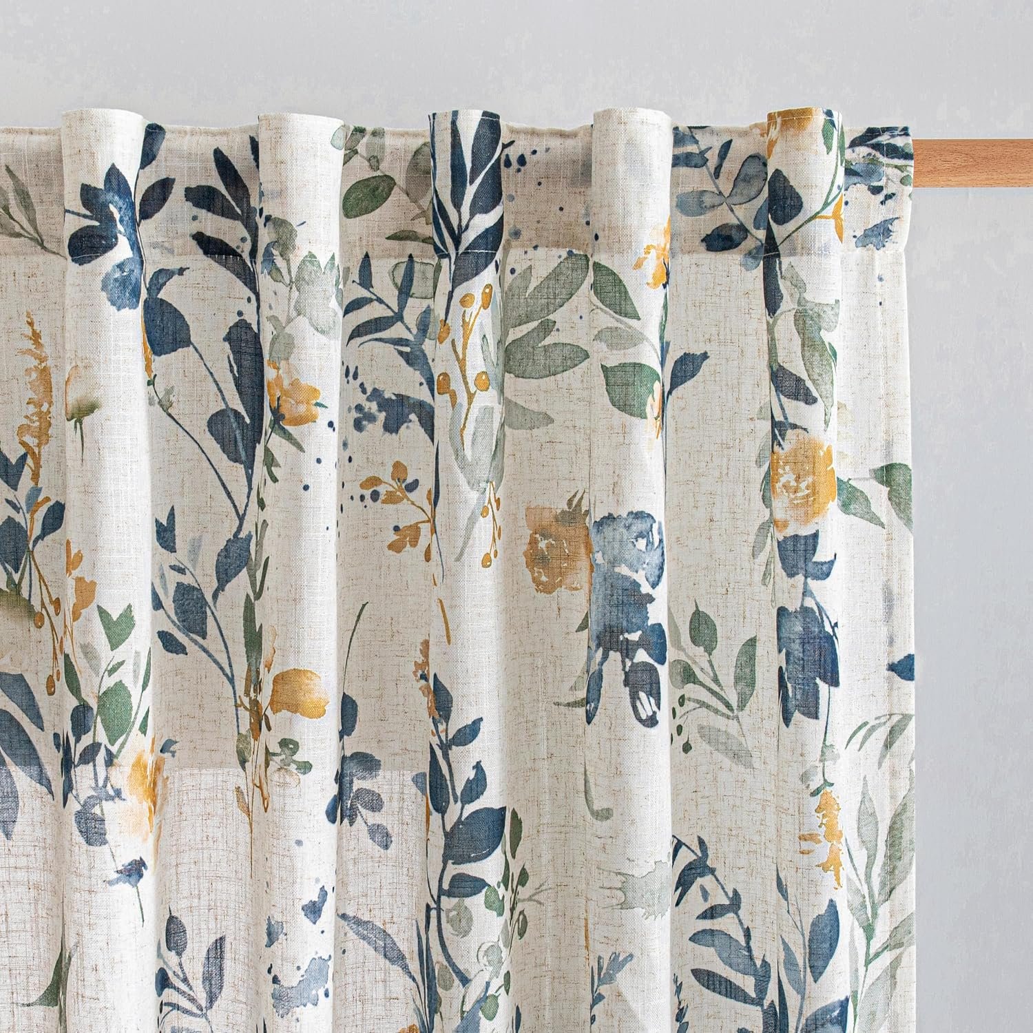 Floral Linen Curtains 84 Inch Long Set of 2 for Living/Dining Room Semi Sheer Light Filtering Farmhouse Flower Patterned Back Tab Drapes, Yellow and Blue, W50 Each Panel