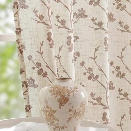 Floral Linen Shree Printed Curtains 84 Inches Light Filtering Vintage Farmhouse, Back Tab Rod Pocket Cottage Core Drapes for Living Room Bedroom Dining Room, Beige on Beige, 2 Panels