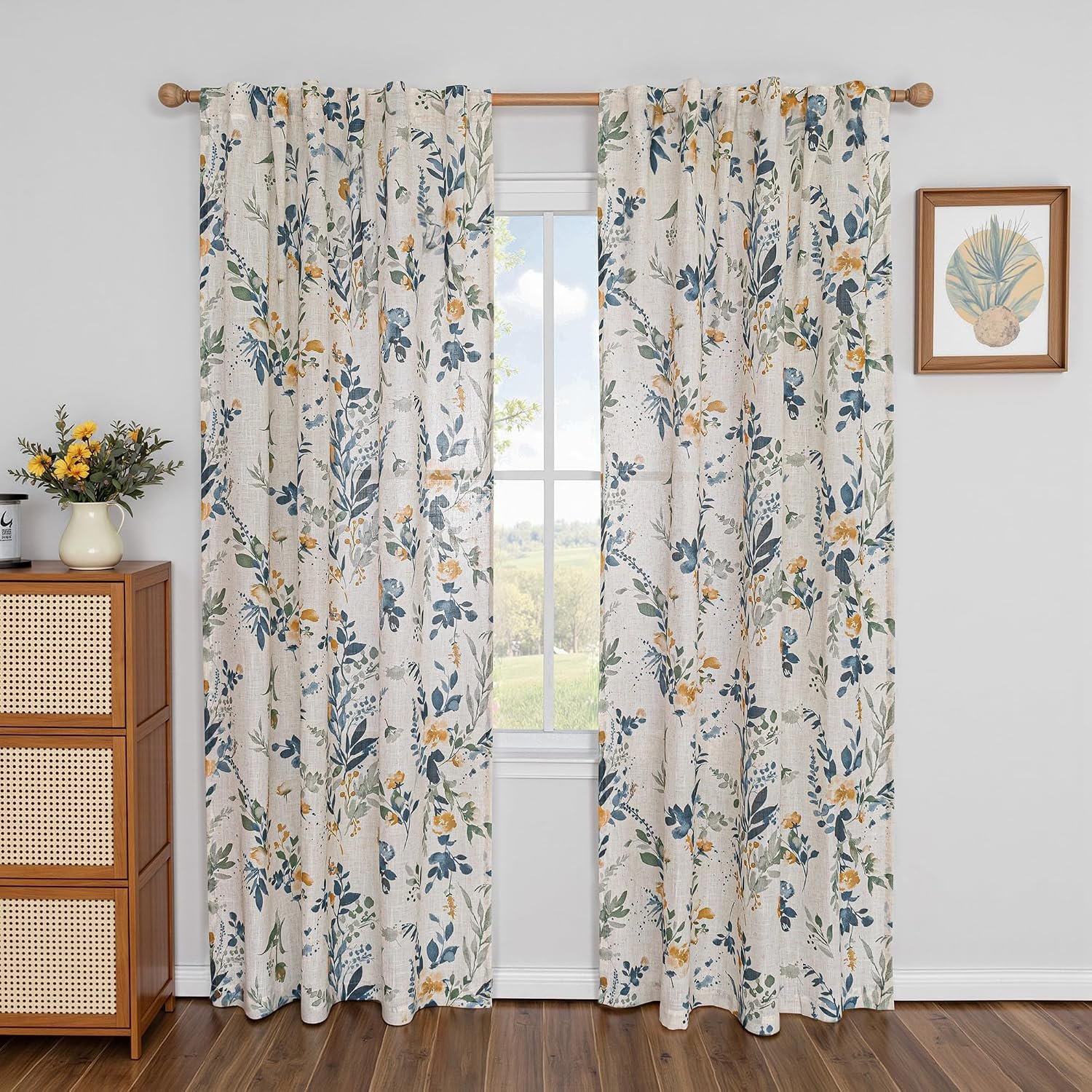 Floral Linen Curtains 84 Inch Long Set of 2 for Living/Dining Room Semi Sheer Light Filtering Farmhouse Flower Patterned Back Tab Drapes, Yellow and Blue, W50 Each Panel - Image 2