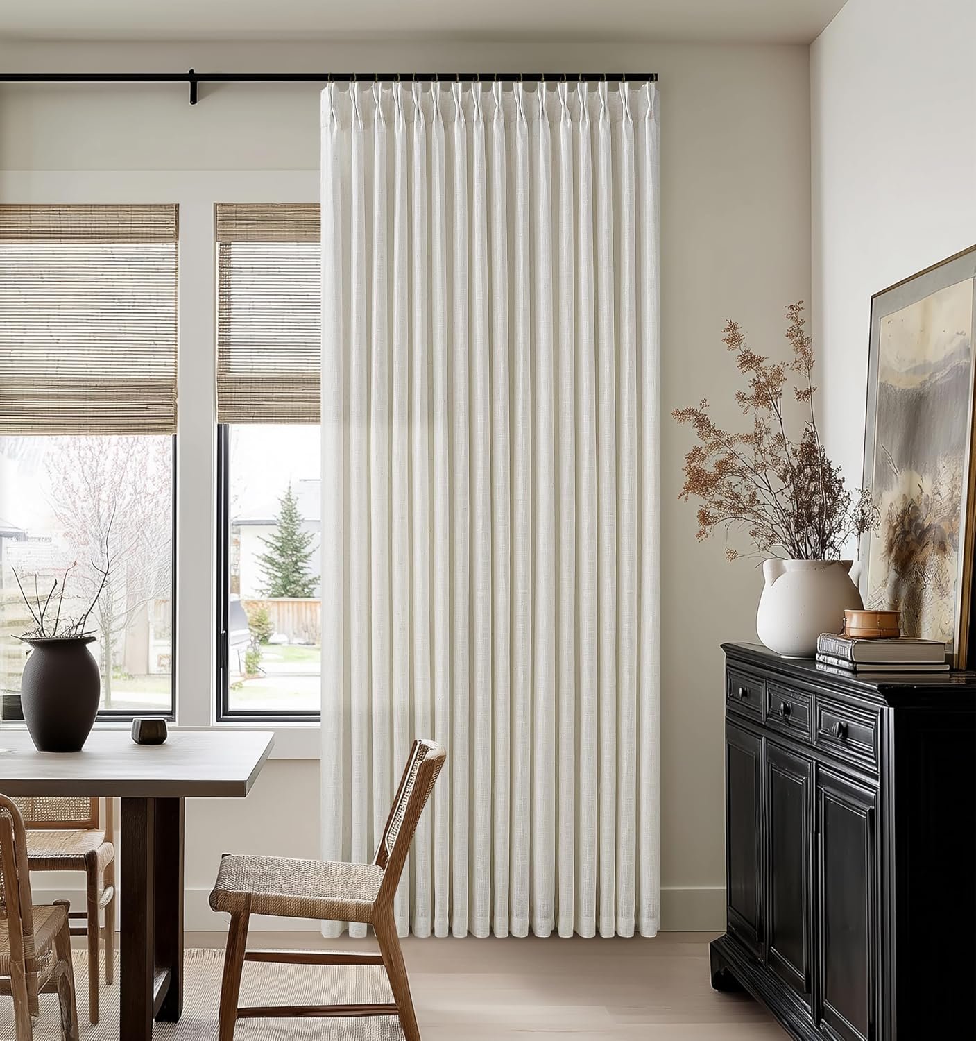 94 Inch Linen Semi Sheer Pinch Pleat Boho Curtains Natural 50 Inch Wide | Pleated Linen Blend Curtains, for Living Room Bedroom, Farmhouse Light Filtering Drapes, for Track System, Cream Ivory, 50x94