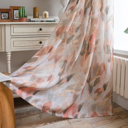 Floral Linen Curtains for Living Room - Light Filtering Curtain 84 inches Long Privacy Protect Grommet Drapes for Bedroom/Dining Room, 52" Wide, Coral and Orange, 2 Panels