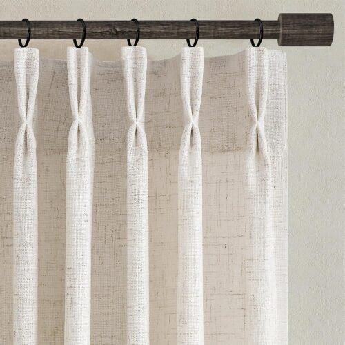 Linen Pinch Pleated Curtains 84 Inches Long 2 Panels | Thick Living Room Bedroom Drapes, Light Filtering Semi Sheer, Natural Cream Ivory Beige Birch, Boho Back Tab, with Clip Rings