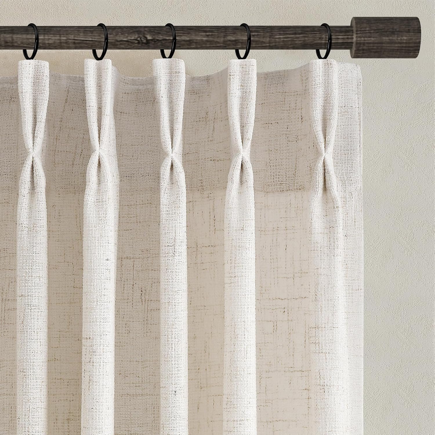 Linen Pinch Pleated Curtains 84 Inches Long 2 Panels | Thick Living Room Bedroom Drapes, Light Filtering Semi Sheer, Natural Cream Ivory Beige Birch, Boho Back Tab, with Clip Rings