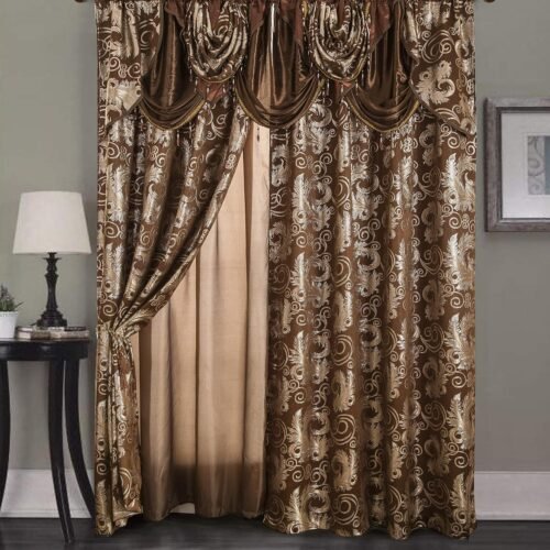 Jacquard Luxury Window 2 Panel Set Brown Curtain with Attached Valance and Backing Bedroom Living Room Dining 2 Curtains 55x84 inches