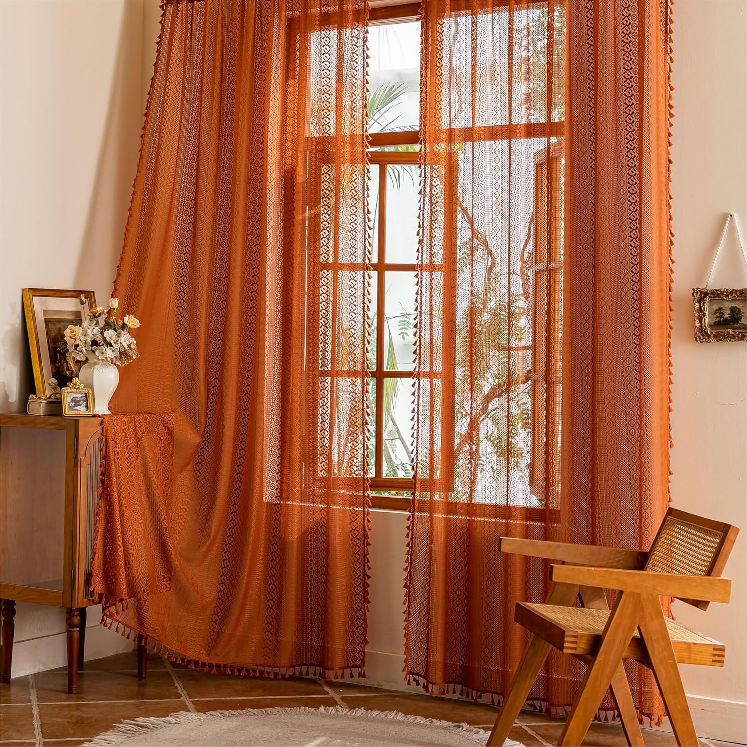 Terracotta Boho Lace Curtains 2 Panels 84 Inches Long for Living Room&Bedroom, Burnt Orange Crochet Privacy Farmhouse Vintage Tassels Retro Halloween Window Sheer Curtains Rod Pocket,50" W - Image 2