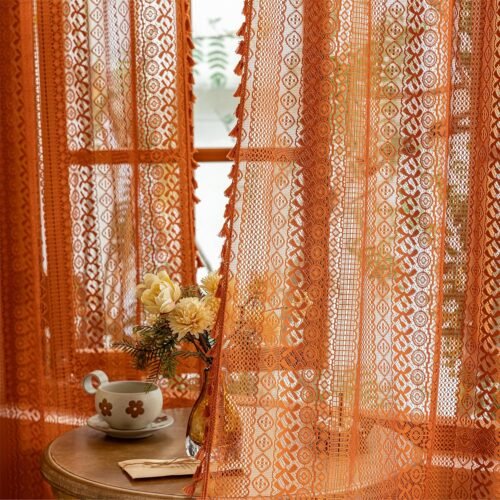Terracotta Boho Lace Curtains 2 Panels 84 Inches Long for Living Room&Bedroom, Burnt Orange Crochet Privacy Farmhouse Vintage Tassels Retro Halloween Window Sheer Curtains Rod Pocket,50" W