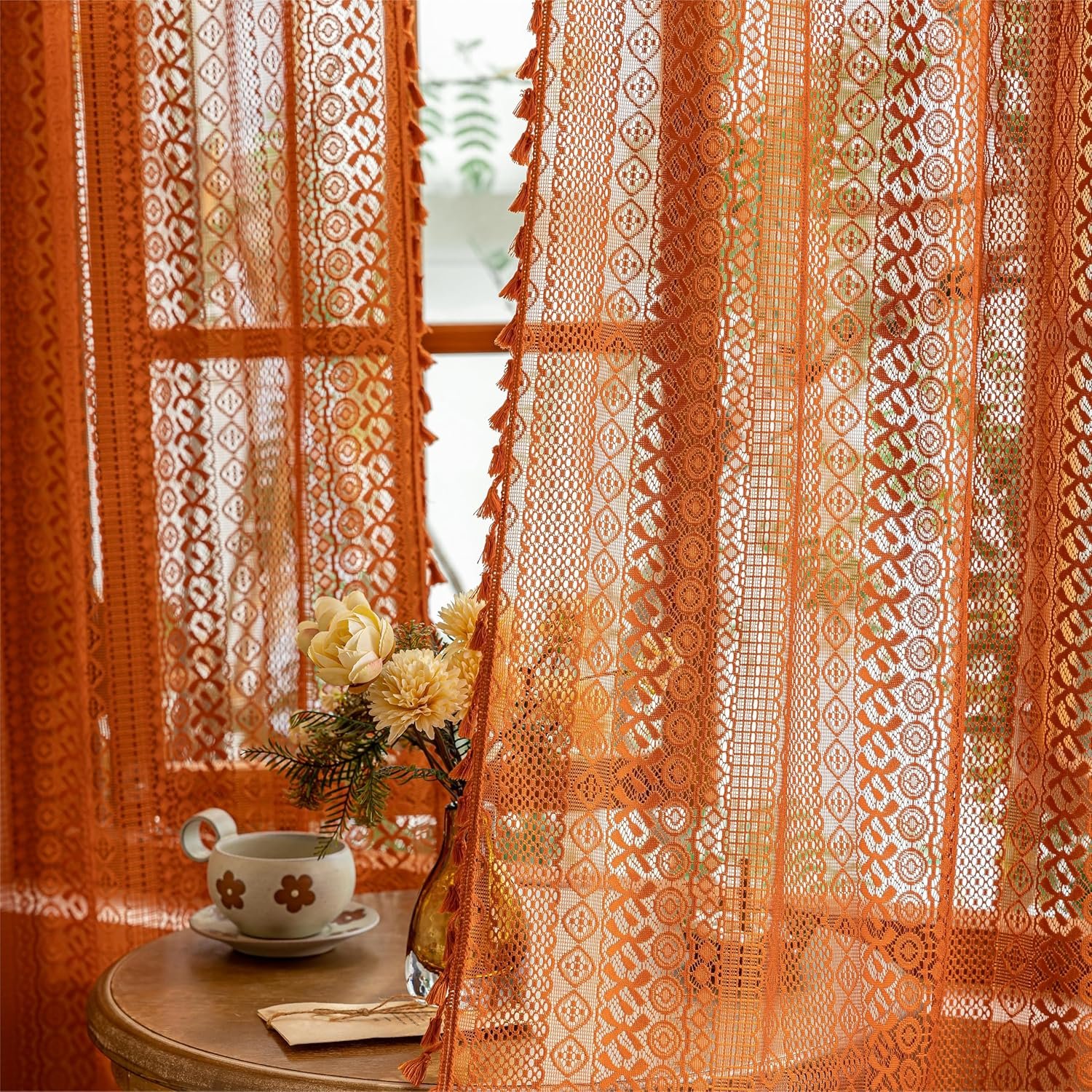 Terracotta Boho Lace Curtains 2 Panels 84 Inches Long for Living Room&Bedroom, Burnt Orange Crochet Privacy Farmhouse Vintage Tassels Retro Halloween Window Sheer Curtains Rod Pocket,50" W